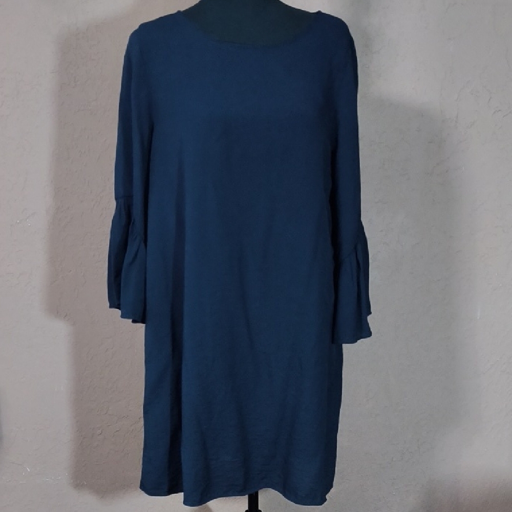 Zara Basic Women's Blue Mini Dress With Long Bell Sleeves Size Large